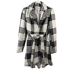 Candie's Y2K Tweed Black & White Woven Trench Pea Coat Tie Waist High Low Hem S